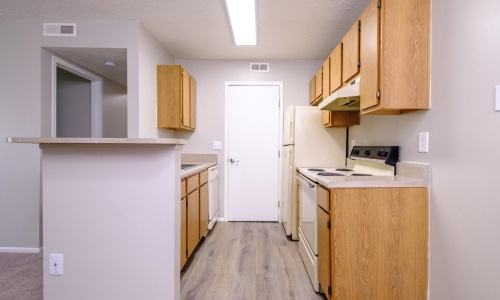 a kitchen with wooden cabinets