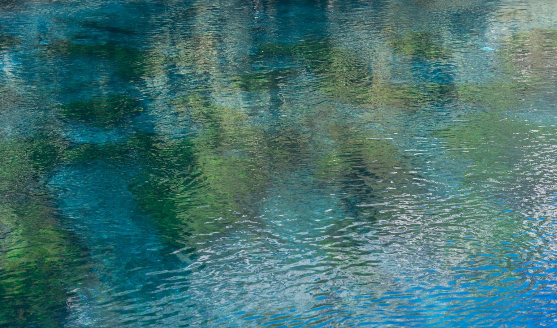 a body of water with a reflection of a person in it