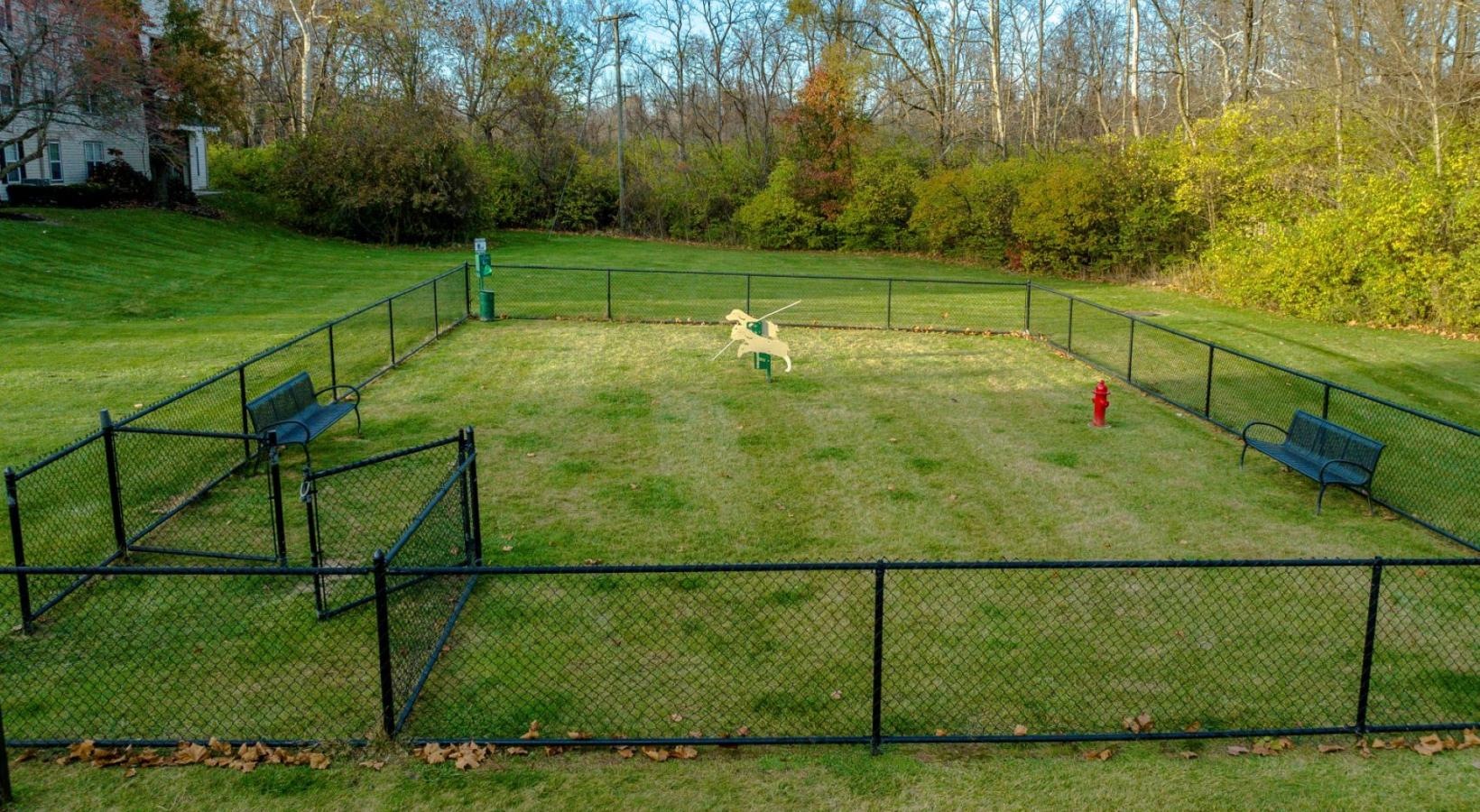 Settle into comfort at Lake Forest a grassy area with benches and a fence around it